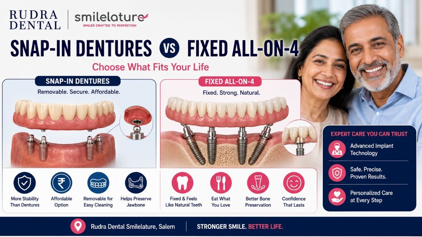 Snap-In Dentures vs. Fixed All-on-4: Which Full-Arch Solution is Right for You?